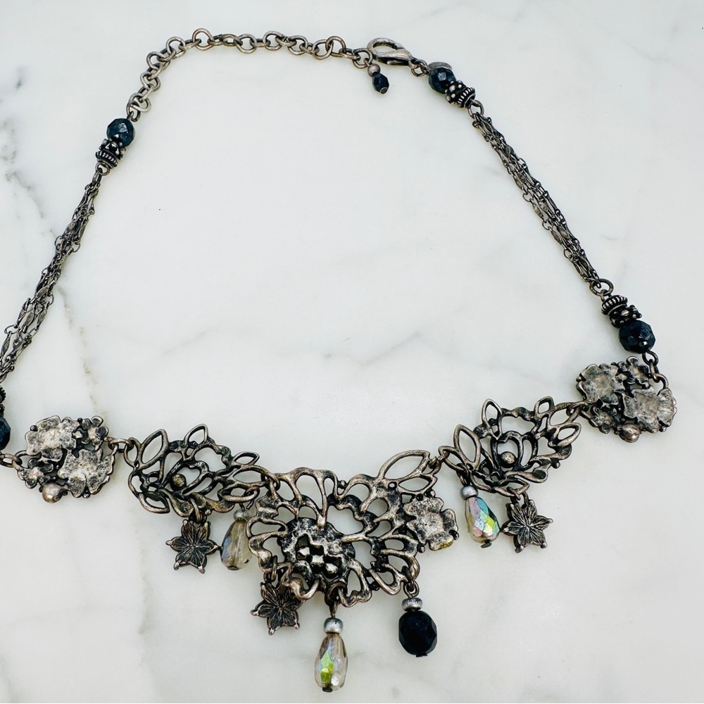 Chico's Signed Romantic Necklace Antiqued Silver AB Dangle Faceted Beads 15 -25” - Picture 6 of 10